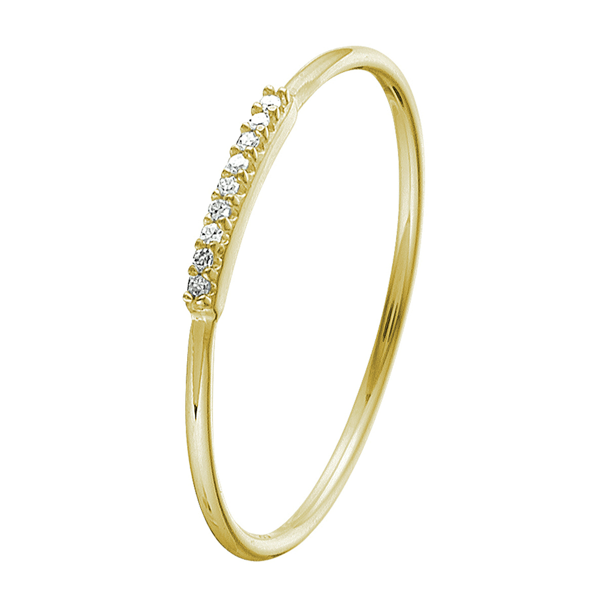 14k Geelgouden ring uitgevoerd met een schitterende diamant rij. De ring heeft een breedte van 1.5mm.