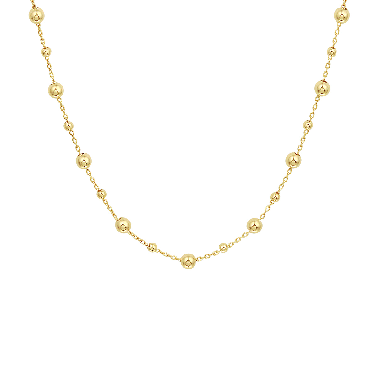 14k Geelgouden collier uitgevoerd met bolletjes van 2 en 3mm. Het collier heeft een draaglengte van 41cm met een extensie van 4cm en een stevige karabijn sluiting.