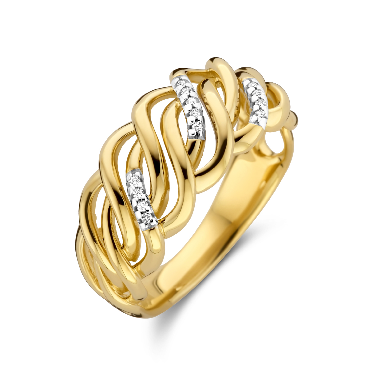 14k Geelgouden ring uitgevoerd met schitterende diamant rijen. De ring heeft een breedte van 9.5mm.