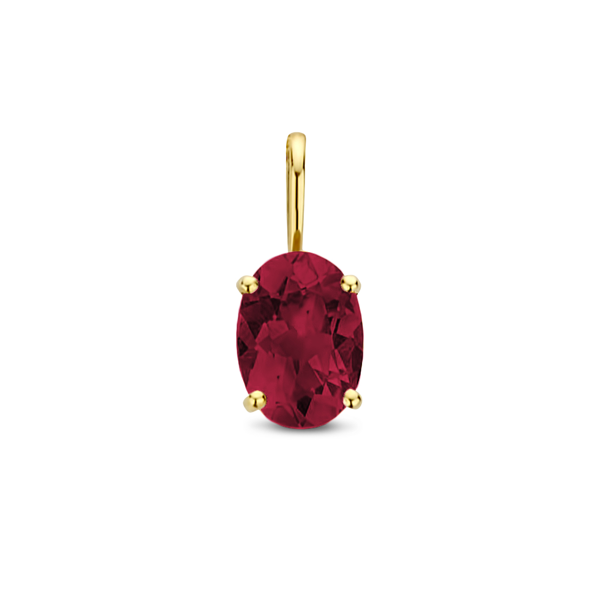 14k Geelgouden hanger uitgevoerd met rhodoliet. De steen heeft een afmeting van 7x5mm.