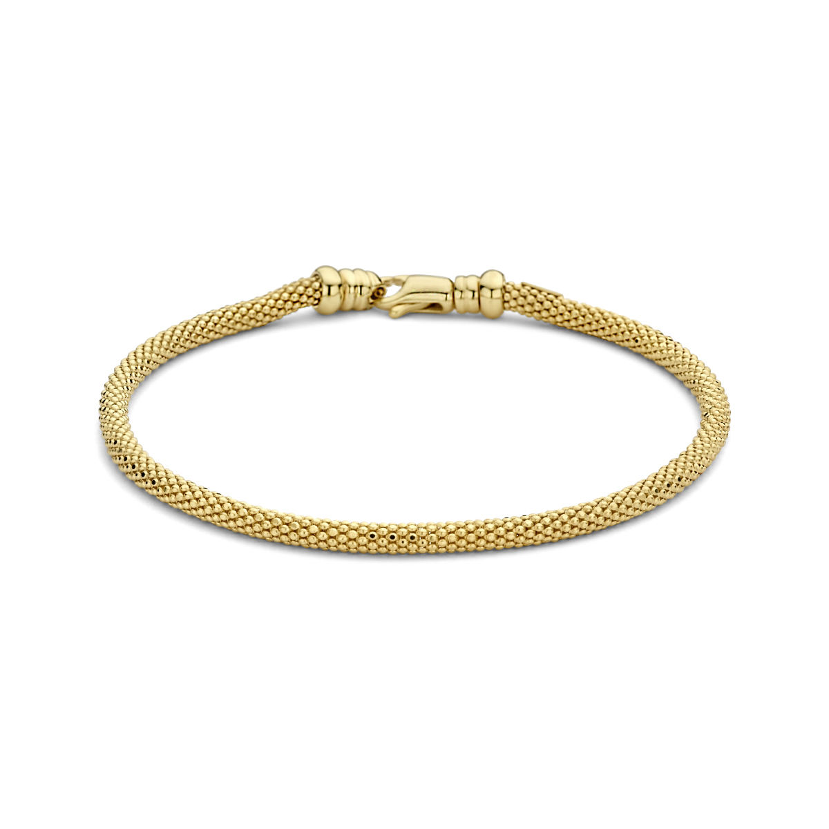 14k Geelgouden armband met een draaglengte van 19cm en een schakelbreedte van 3mm. Uitgevoerd met een karabijn sluiting.