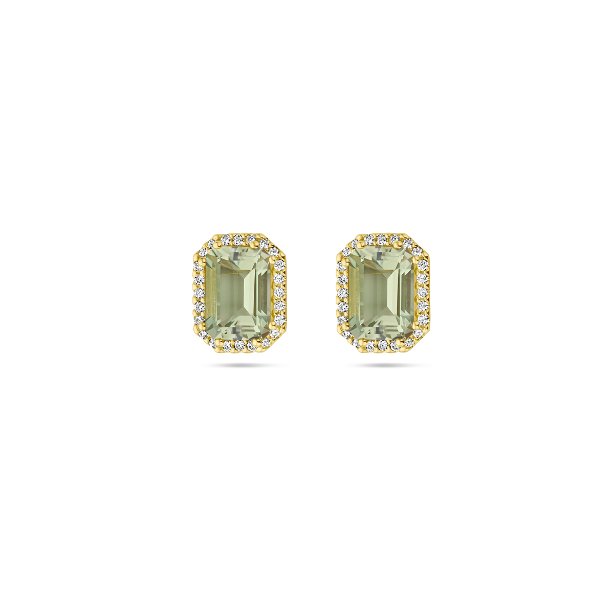 14k Geelgouden oorknoppen uitgevoerd met schitterende groen amethyst en diamanten. De groen amethyst stenen hebben een totaal steengewicht van 2.50ct (2x 1.25ct).