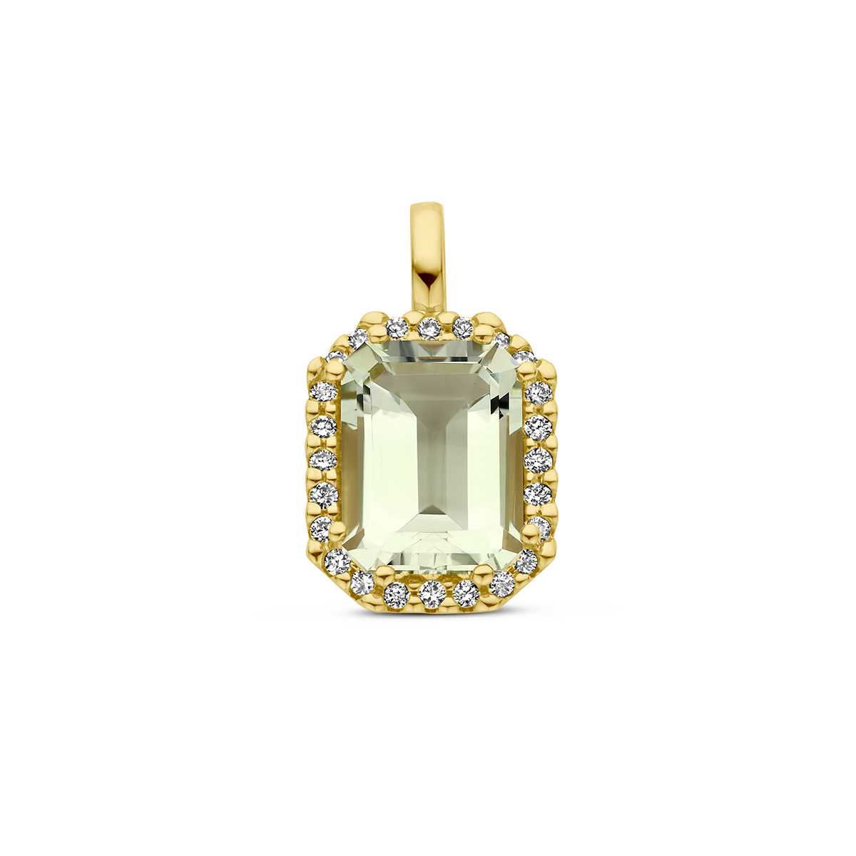 14k Geelgouden hanger uitgevoerd met groen amethyst en diamanten. De groen amethyst heeft een steengewicht van 1.75ct.
