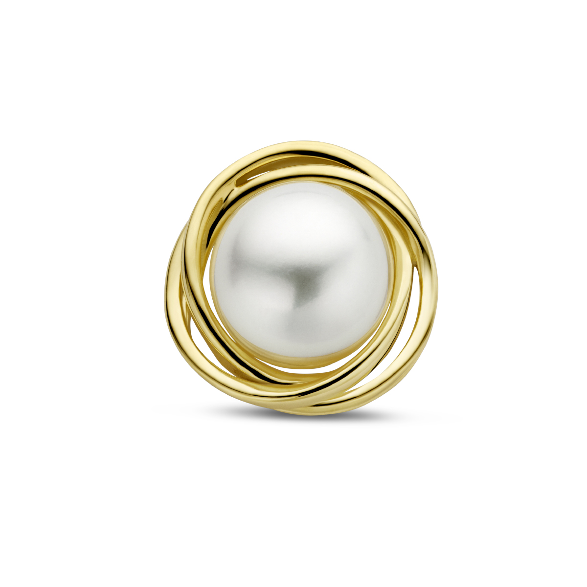 14k Geelgouden hanger uitgevoerd met een zoetwaterparel. De hanger heeft een afmeting van 16x16.5mm.