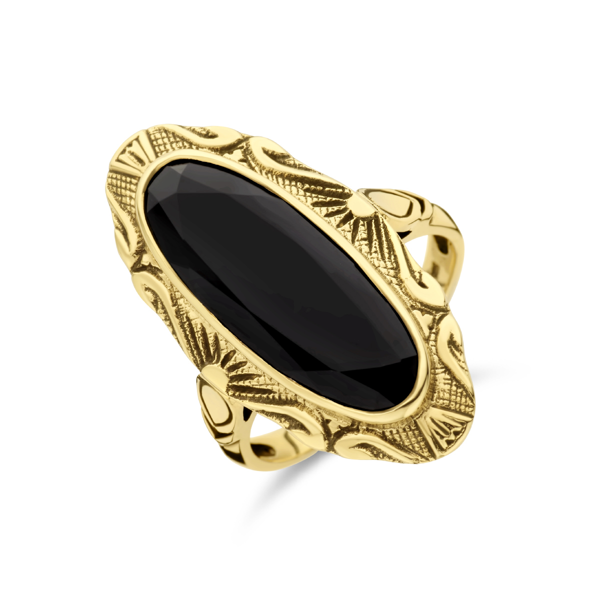 14k Geelgouden vintage ring uitgevoerd met een schitterende onyx steen. De ring heeft een afmeting van 28x14mm. De onyx steen heeft een totaal steengewicht van 4.60ct.