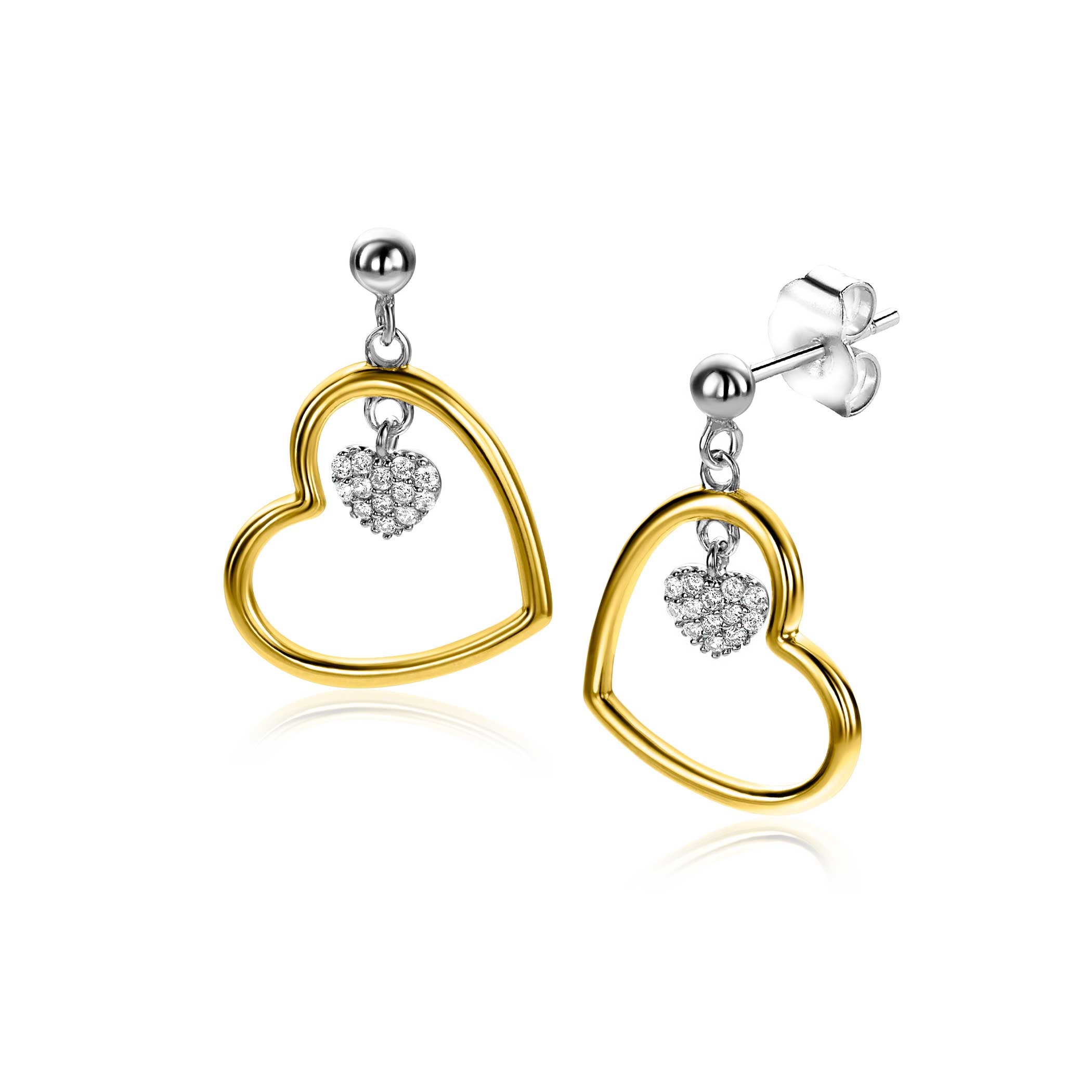 20mm ZINZI gold plated zilveren oorstekers open hart 15mm en bungelend hartje bezet met witte zirconia's ZIO2621
