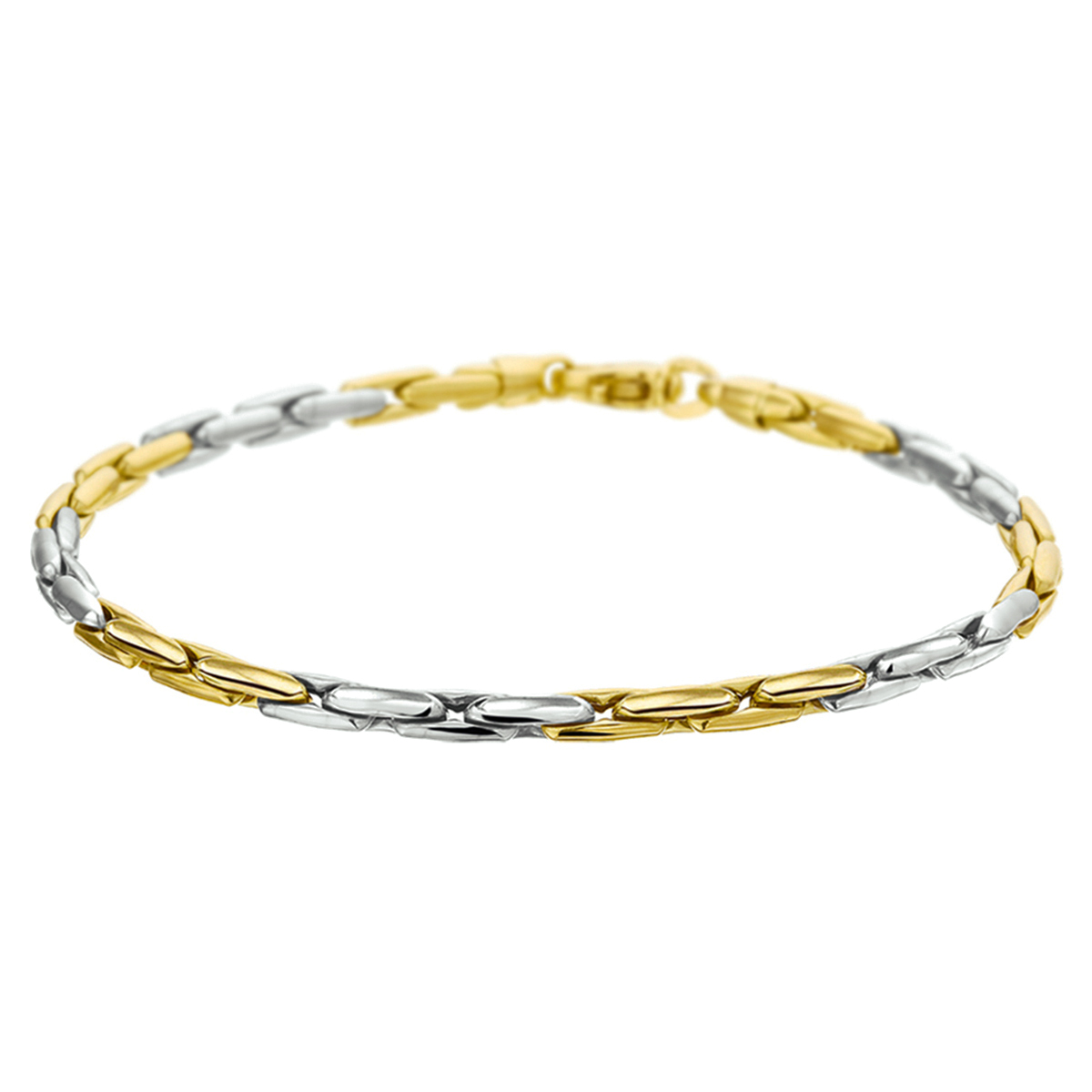 Beschrijving: Bicolor wit- en geelgouden armband.
Verpakt per: 1
Doelgroep: dames
Breedte: 3 mm
Langste lengte: 19 mm