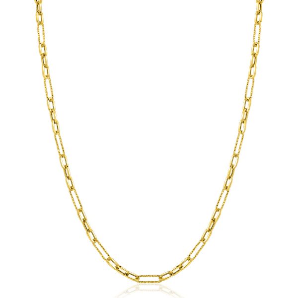 ZINZI Gold 14 karaat gouden collier met trendy bewerkte paperclip-schakels en ovale schakels van 3,5 mm breed. De lengte van het collier is 45cm. Vervaardigd van geheel 14 karaat goud (585). En herkenbaar 'Zinzi' door het kleine gouden Zinzi hartje bij de sluiting.