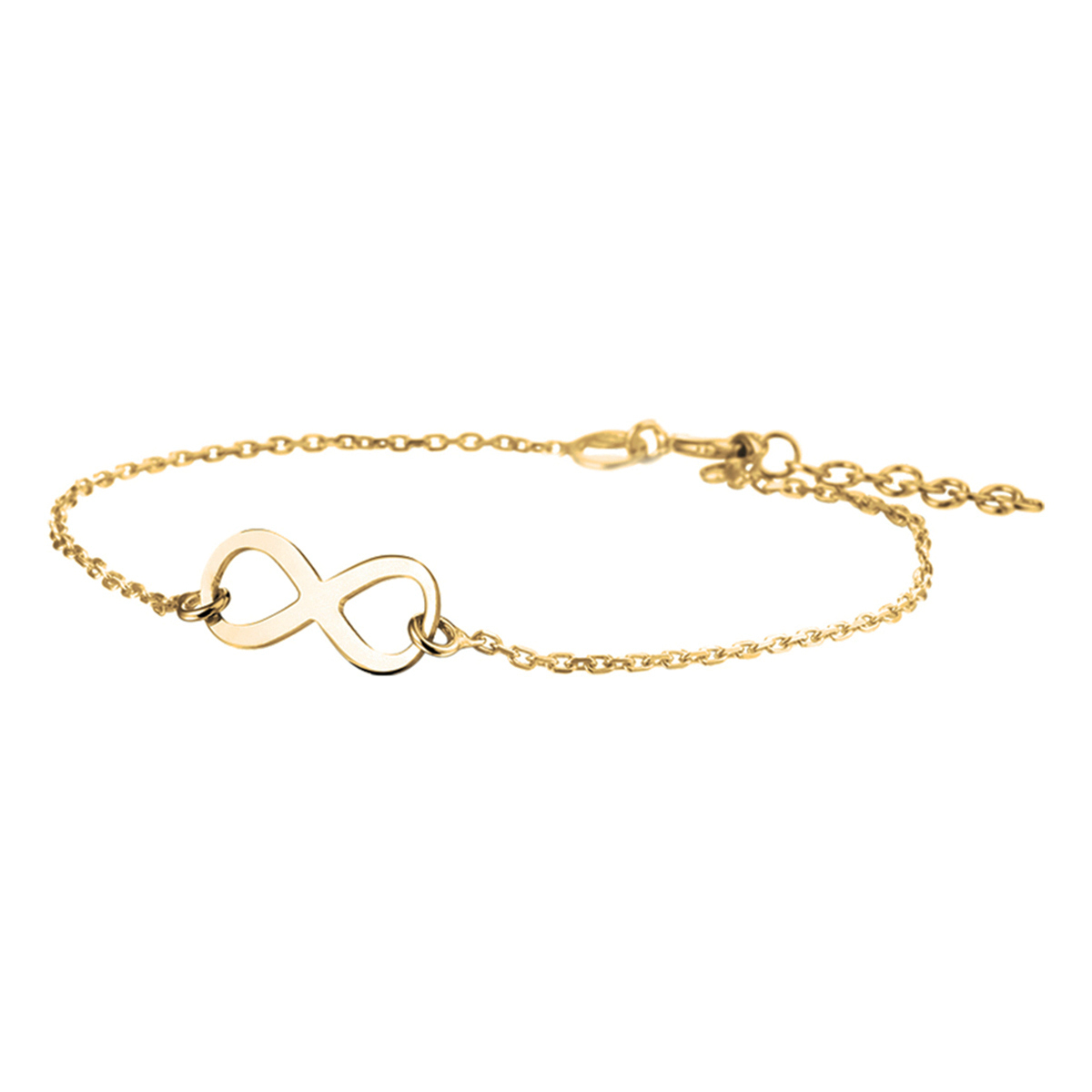 Geelgoud op 925 zilveren armband met infinity teken. De armband heeft een geelgouden plating. De lengte bedraagt 17cm met 2.5cm extensie en de schakelbreedte is 1.4mm. Geen garantie op plating.
