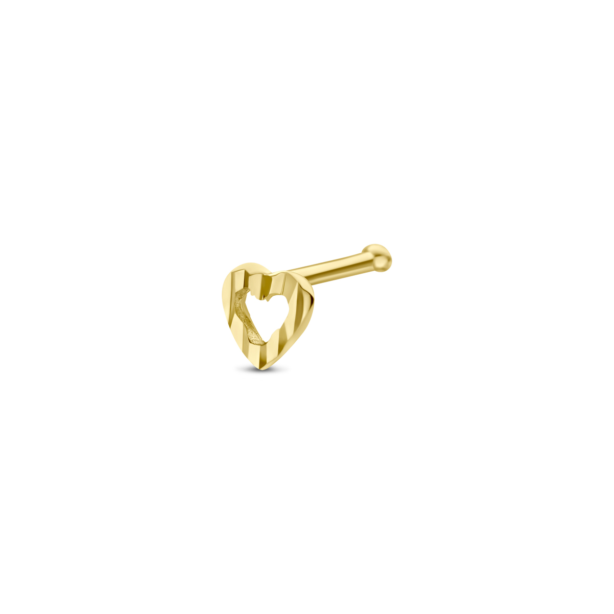 14k Geelgouden hartjes neusknopje. Het neusknopje heeft een afmeting van 3.6x3.5mm.