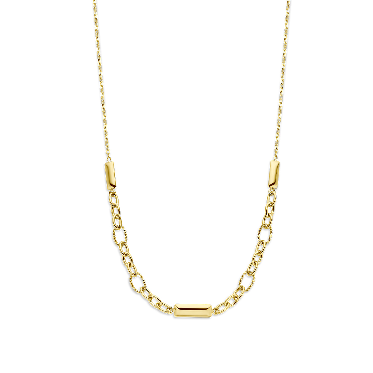 14k Geelgouden collier uitgevoerd met balkjes en een karabijn sluiting. De draaglengtes zijn 41, 43 en 45cm. De schakelbreedte is 5.5mm. Uitgevoerd met een karabijn sluiting.