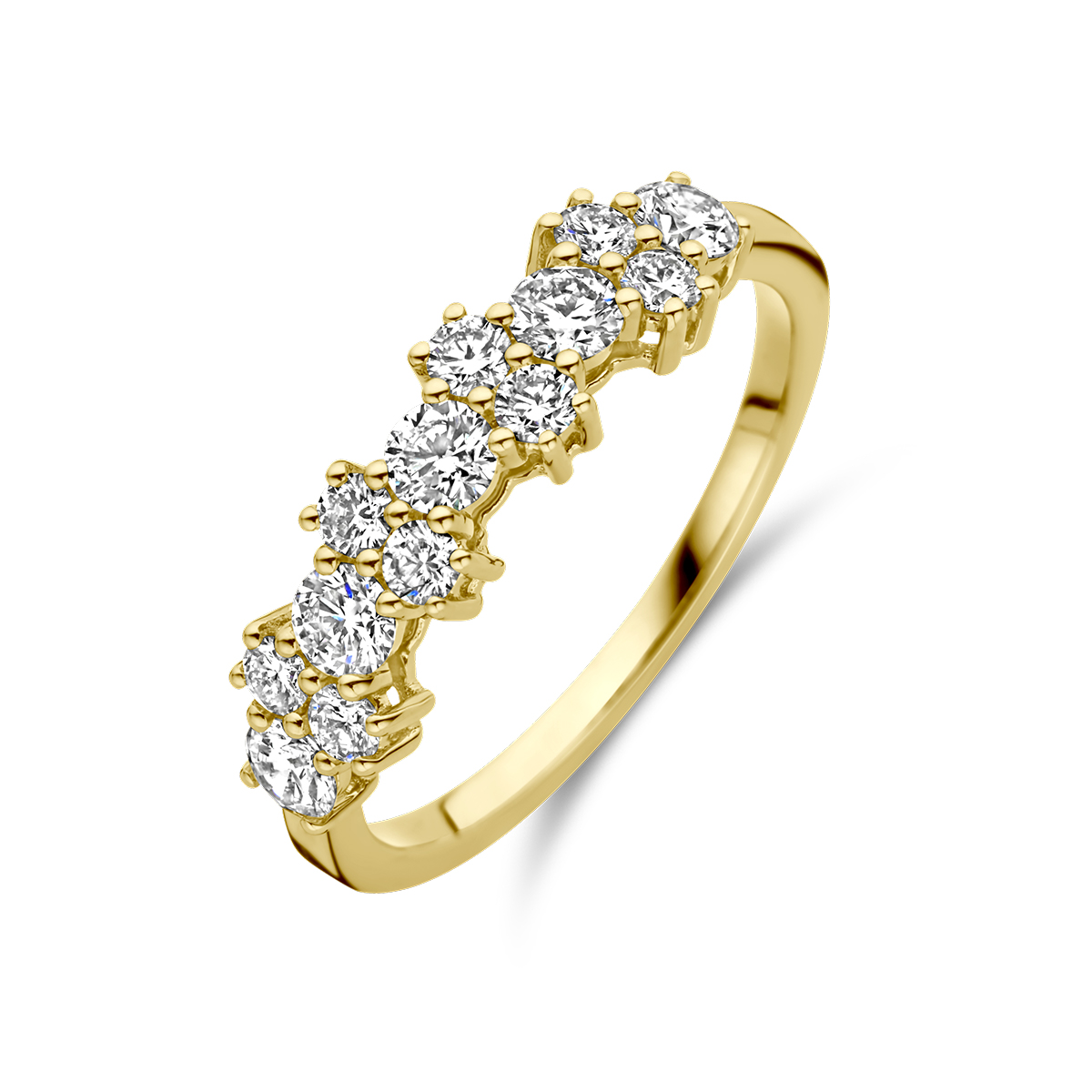 14k Geelgouden ring uitgevoerd met schitterende diamanten. De ring heeft een breedte van 5mm. Het diamantgewicht is 0.83ct.