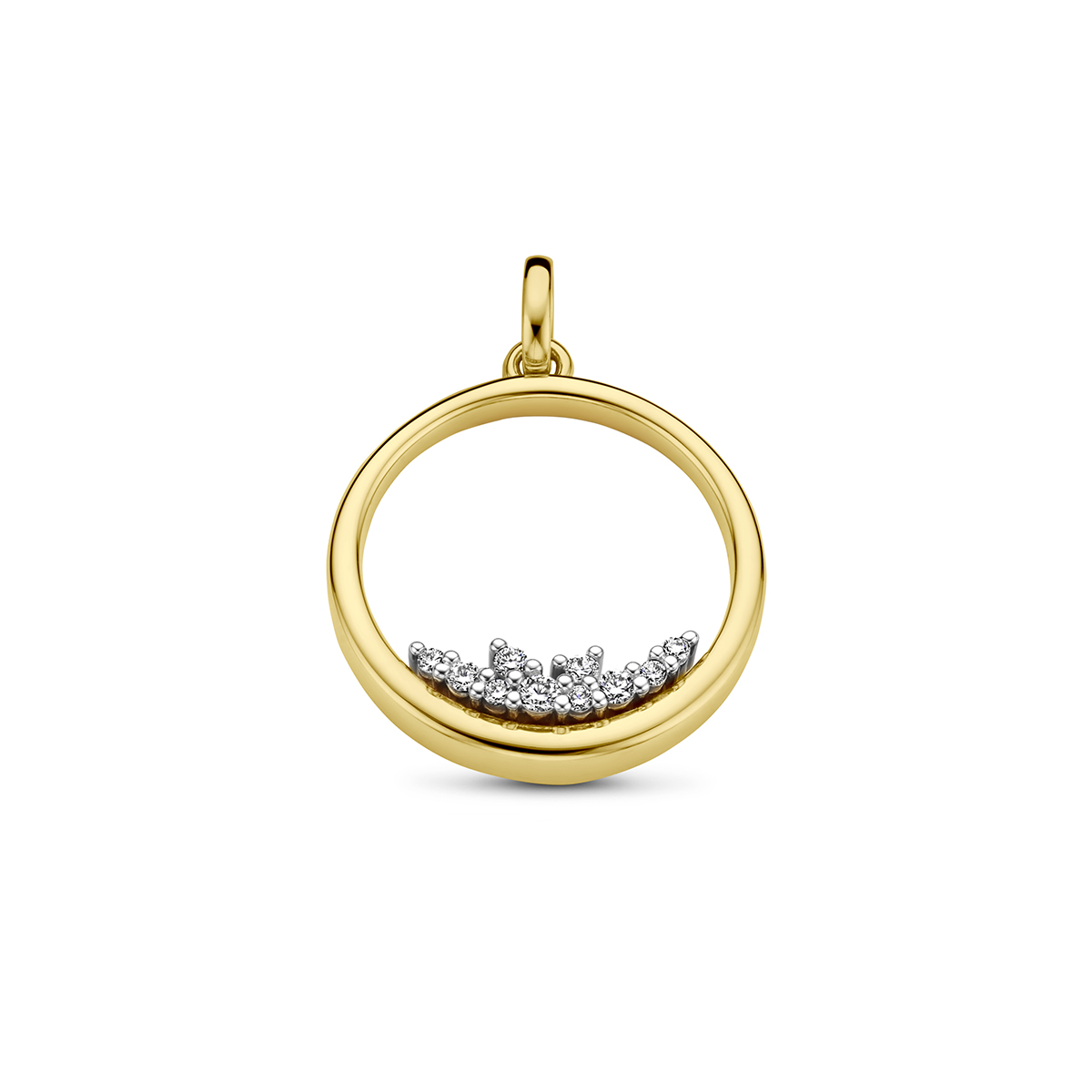 14k Bi-color geel- en witgouden hanger uitgevoerd met diamanten. De hanger heeft een totale hoogte van 25mm.