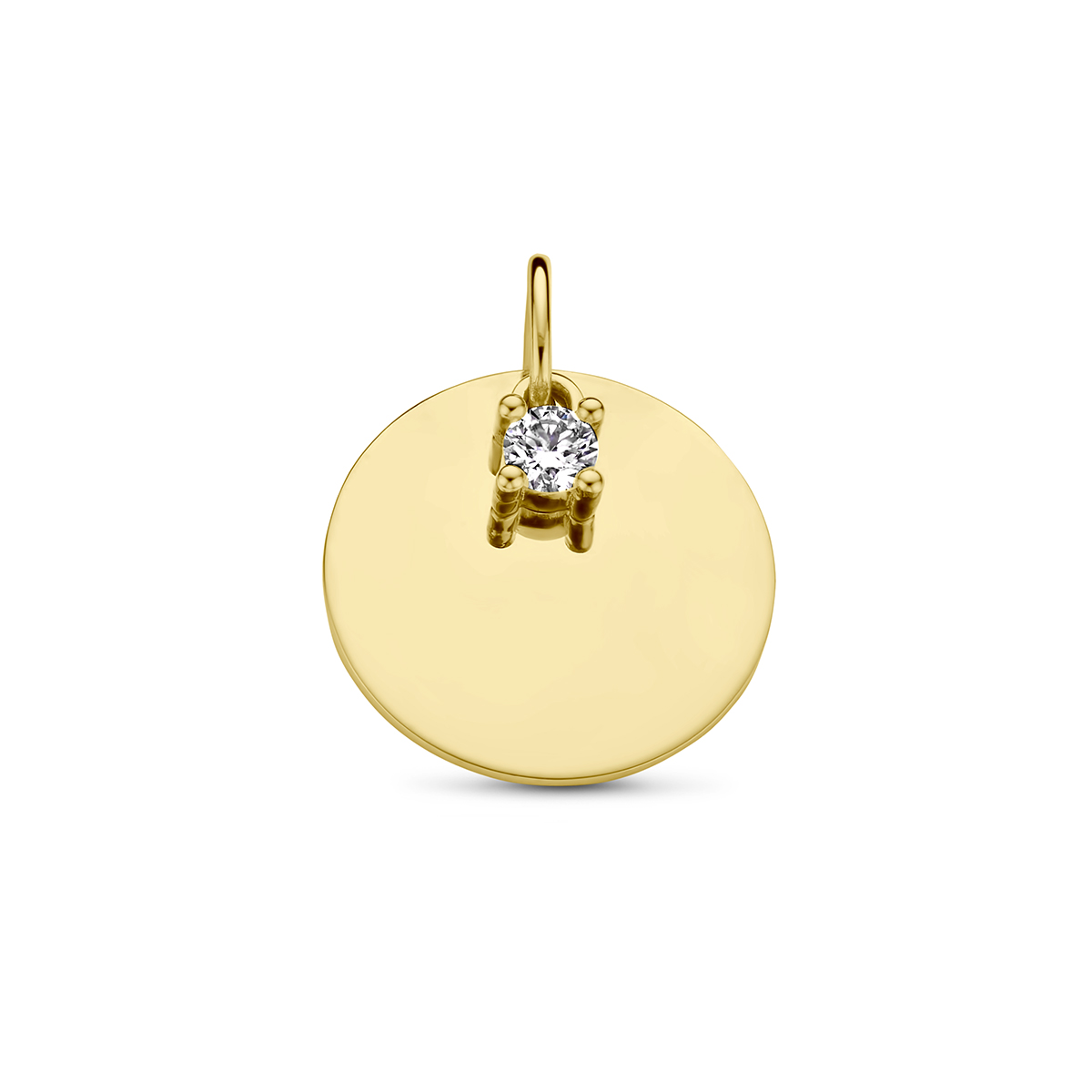 14k Geelgouden graveerhanger uitgevoerd met een cirkel en een diamant. De dikte van de plaat is 0.5mm.