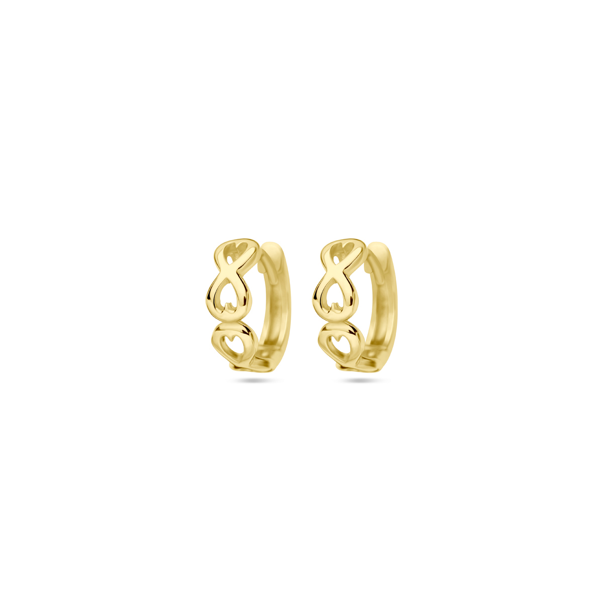 14k Geelgouden klapoorringen uitgevoerd met een infinity teken. De klapoorringen hebben een afmeting van 12mm x 4mm.