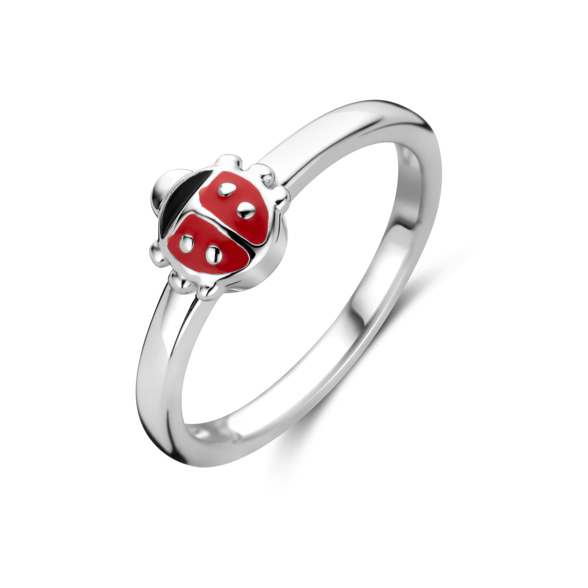 Gerhodineerd 925 zilveren ring uitgevoerd met een lieveheersbeestje. De ring heeft een breedte van 6mm.