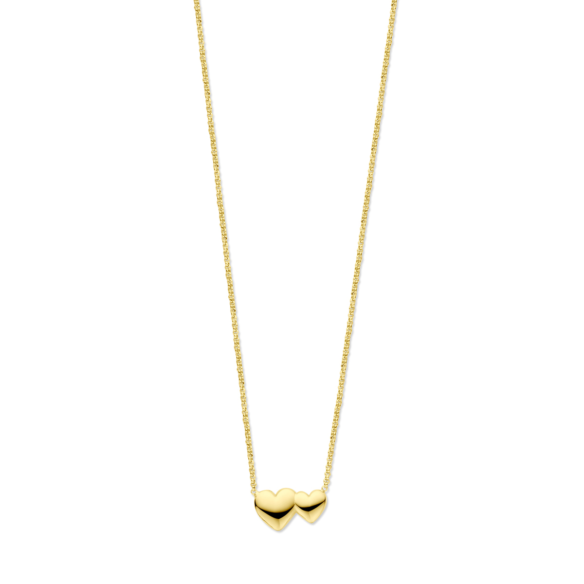 Geelgoud op 925 zilveren collier uitgevoerd met twee hartjes. Het collier heeft een schakelbreedte van 1.3mm en een draaglengte van 41cm met 4cm extensie.