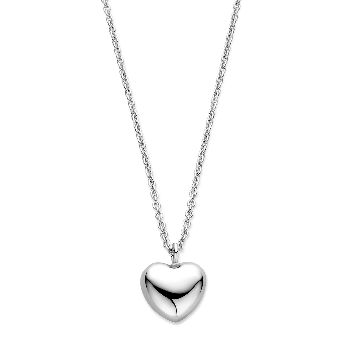 Gerhodineerd 925 zilveren collier uitgevoerd met een hart. Het collier heeft een draaglengte van 40cm en een extensie van 5 cm. De schakelbreedte is 1.5mm. Uitgevoerd met een karabijn sluiting.