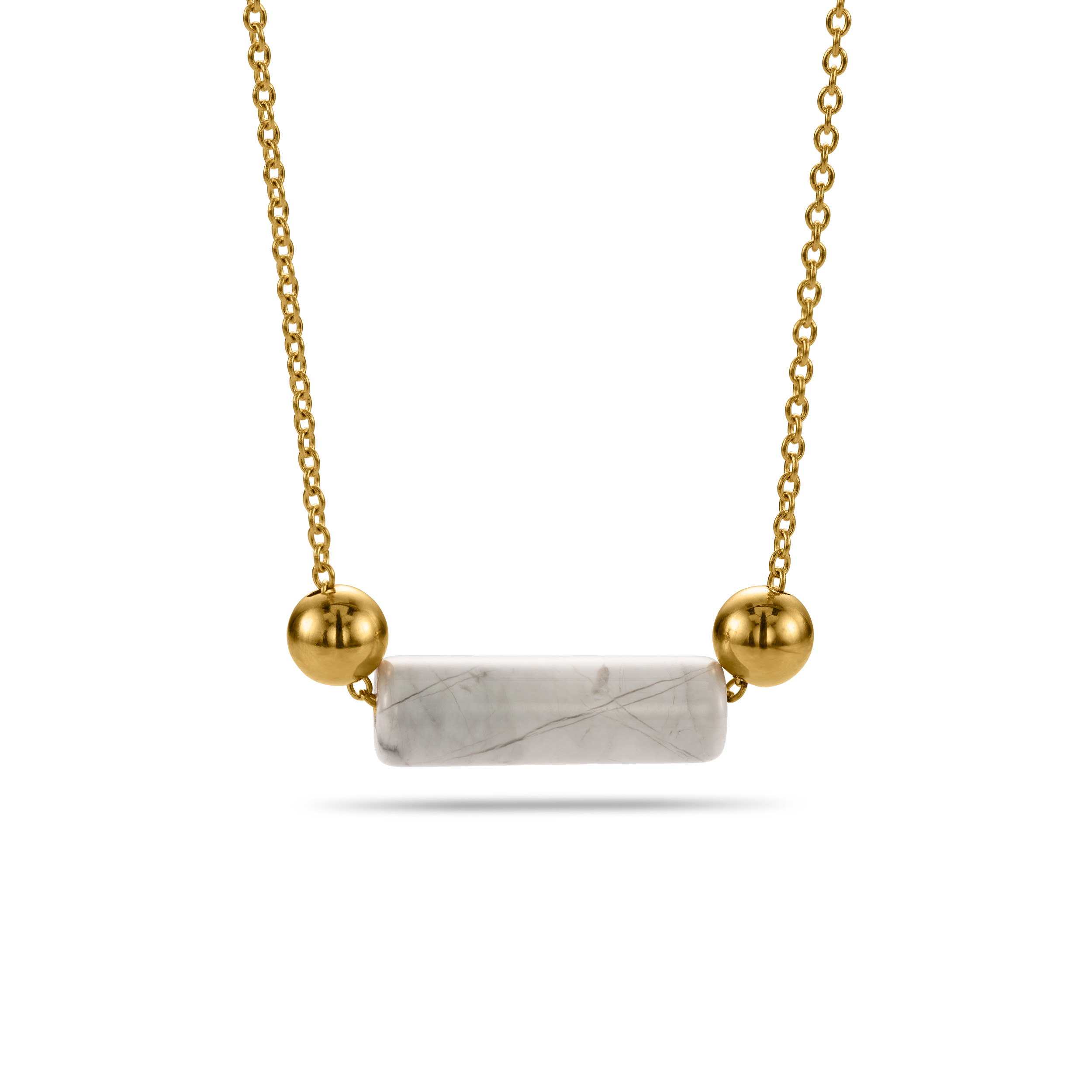 Elegante halsketting in 18kt geel goud met 18kt geel gouden bolletjes en een marmer staafje. Ook verkrijgbaar met andere kleuren/materialen staafjes. 