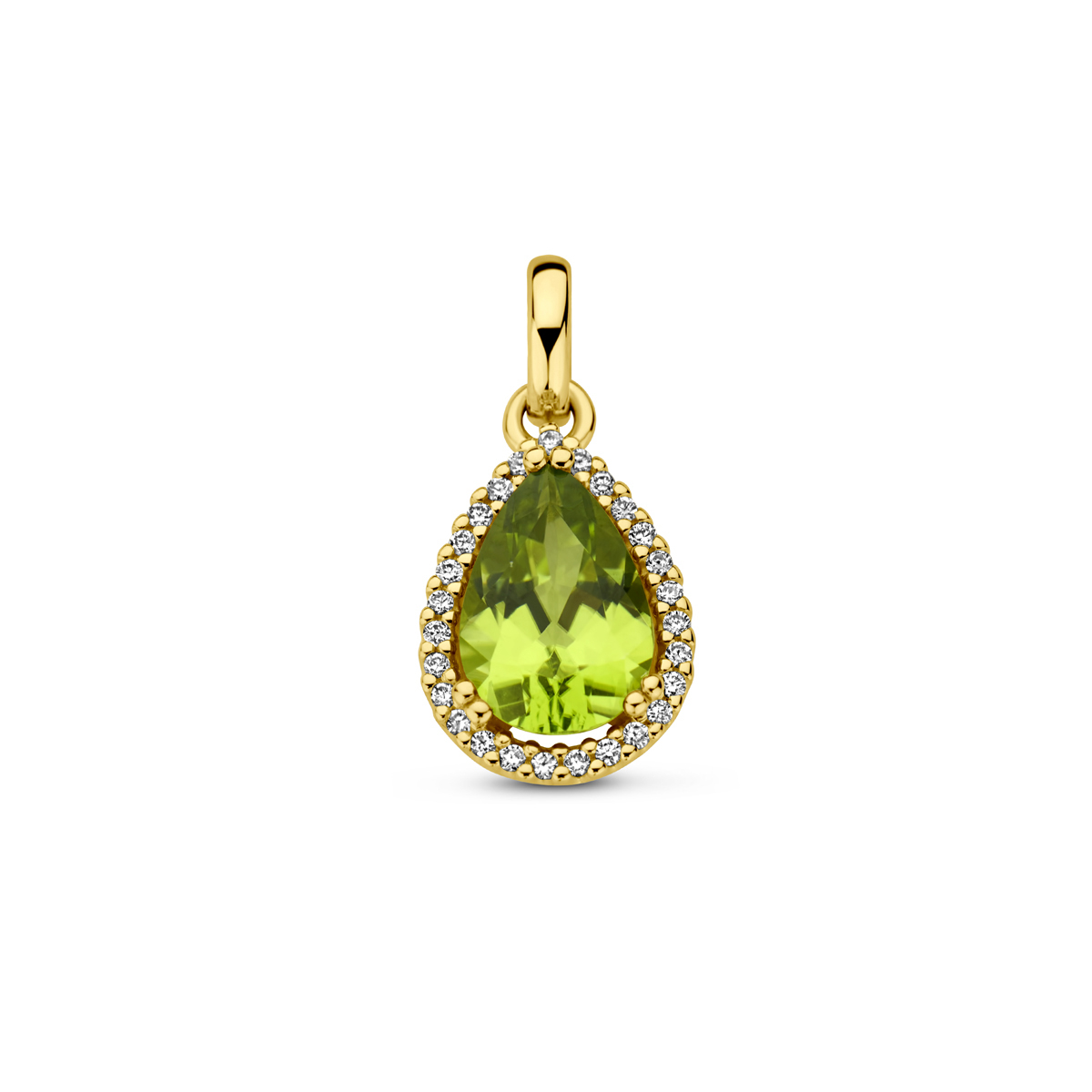 14kt geelgouden fantasie entourage hanger, druppel/pear peridoot, en bezet met briljant geslepen diamanten
