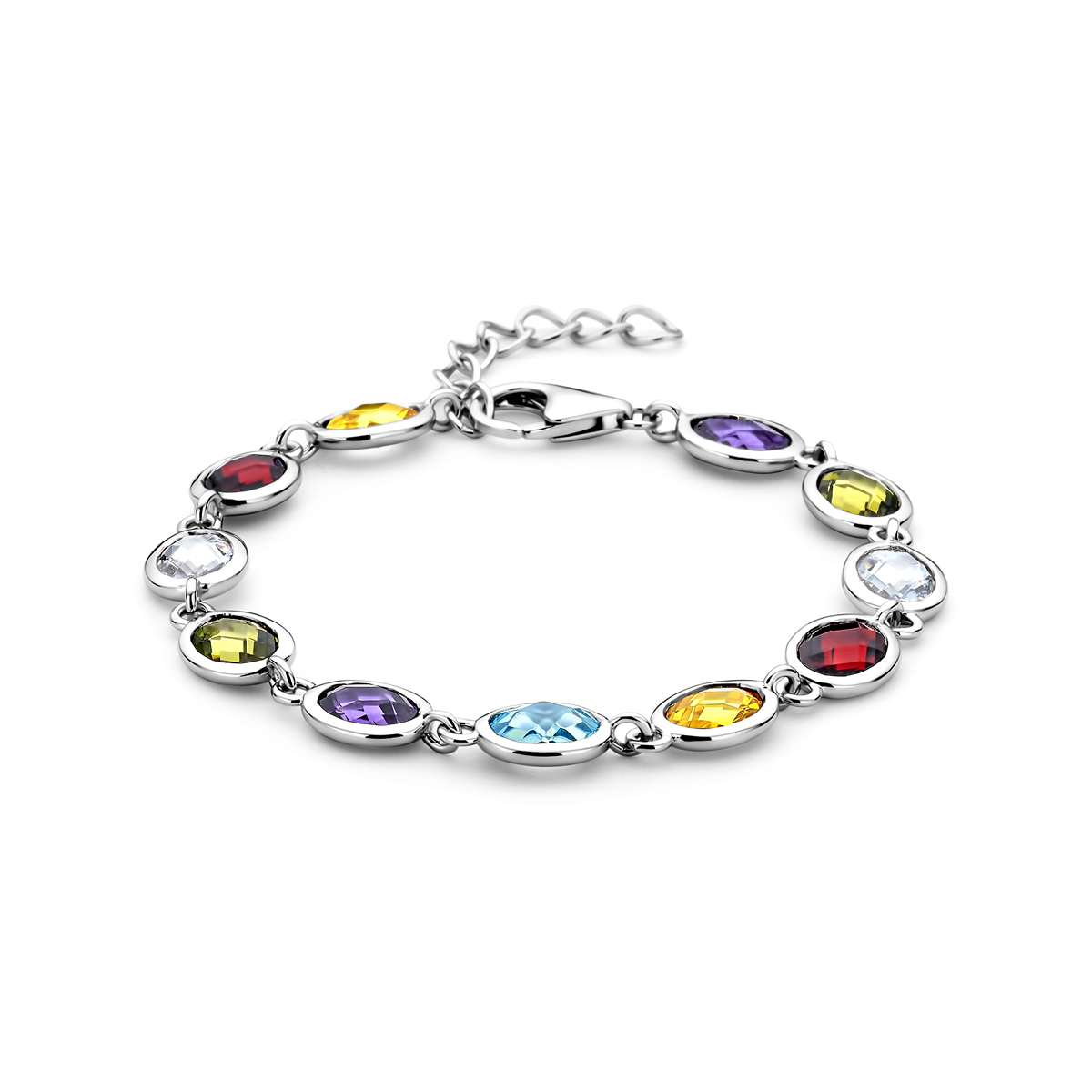 Gerhodineerd 925 zilveren armband uitgevoerd met gekleurd zirkonia. De armband heeft een draaglengte van 16cm met 3cm extensie. Uitgevoerd met karabijnsluiting.