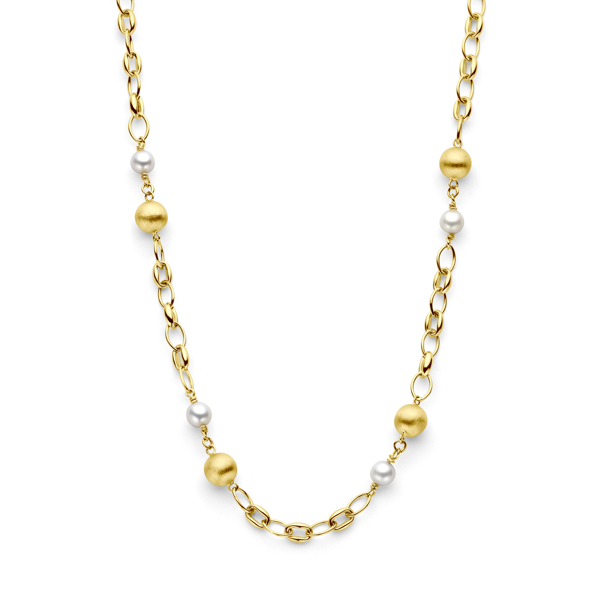 14k Geelgouden collier uitgevoerd met bolletjes en zoetwaterparels. Het collier heeft een schakelbreedte van 5mm en draaglengte van 42cm met 3cm extensie. Uitgevoerd met een karabijn sluiting.
