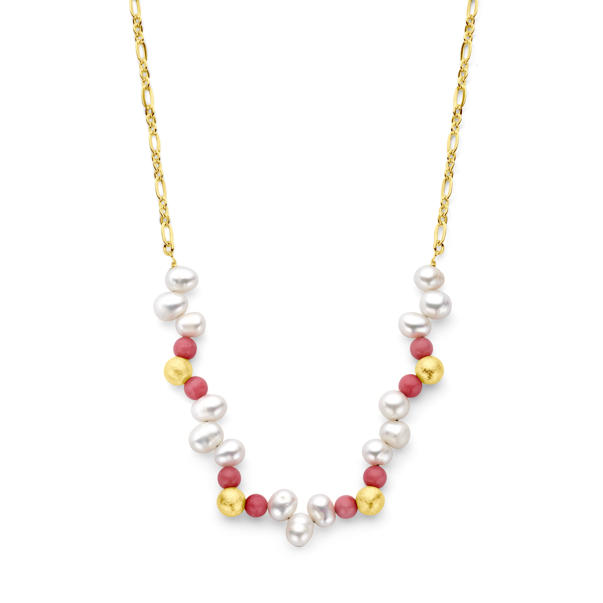 Geelgoud op 925 zilveren collier uitgevoerd met bolletjes, zoetwaterparels en roze jade. Het collier heeft een draaglengte van 42cm met 5cm extensie. Uitgevoerd met karabijnsluiting. Geen garantie op de plating.