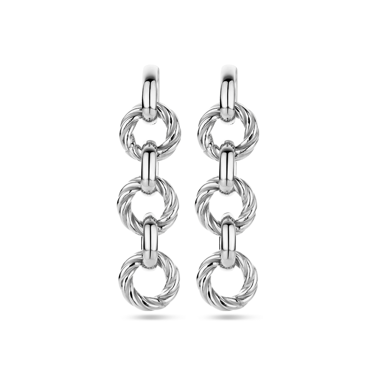 Gerhodineerd 925 zilveren oorhangers uitgevoerd met gedraaid cirkels. De oorhangers hebben een totale hoogte van 45mm.