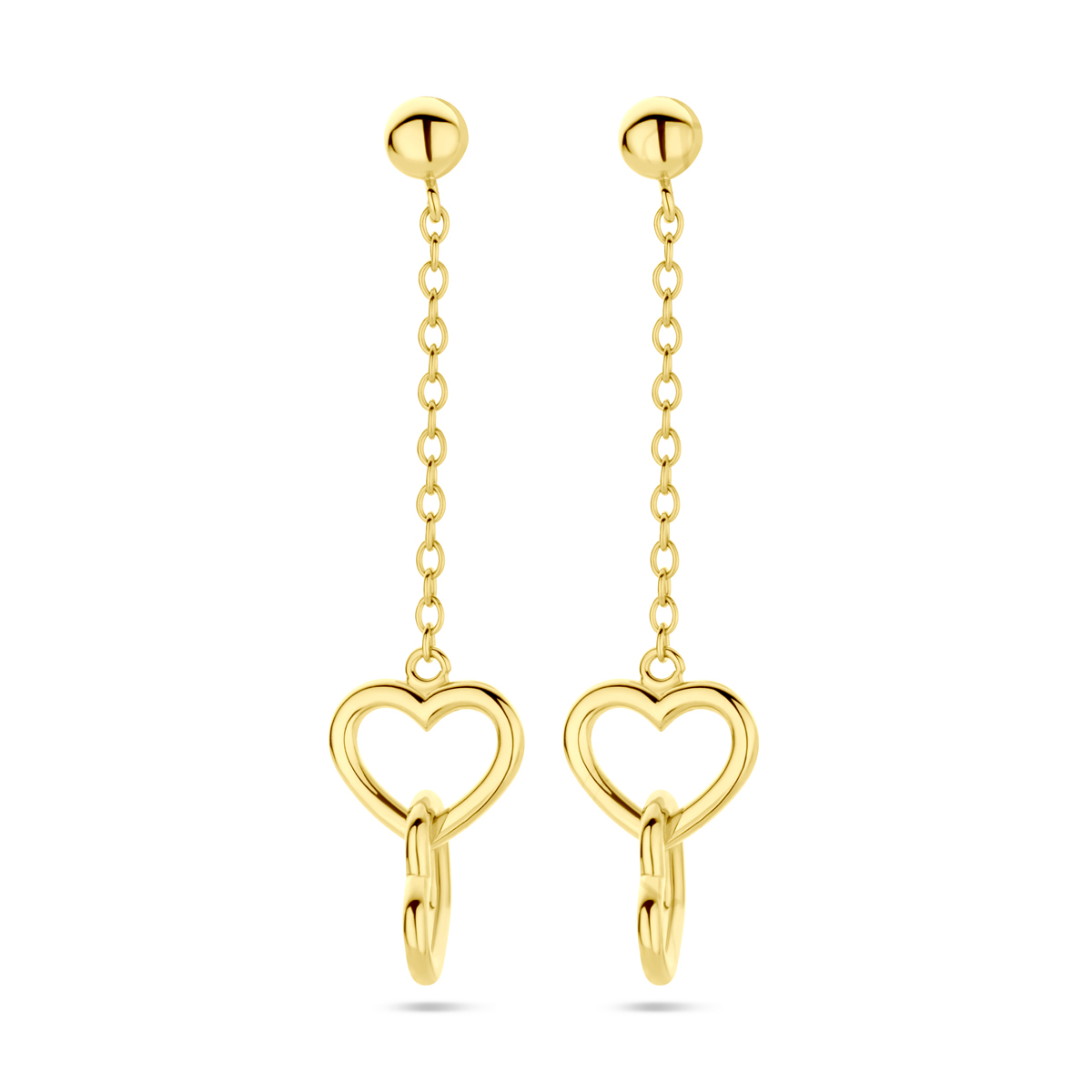 14k Geelgouden oorhangers uitgevoerd met hartjes. De oorhangers hebben een totale hoogte van 37mm.