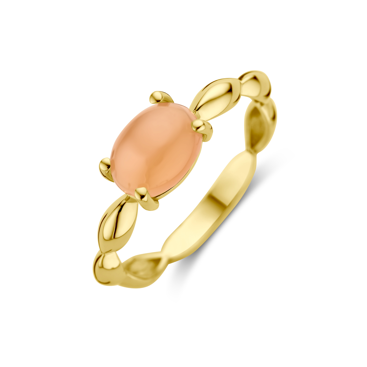 14k Geelgouden ring uitgevoerd met perzik carneool. De steen heeft een afmeting van 8x6mm.