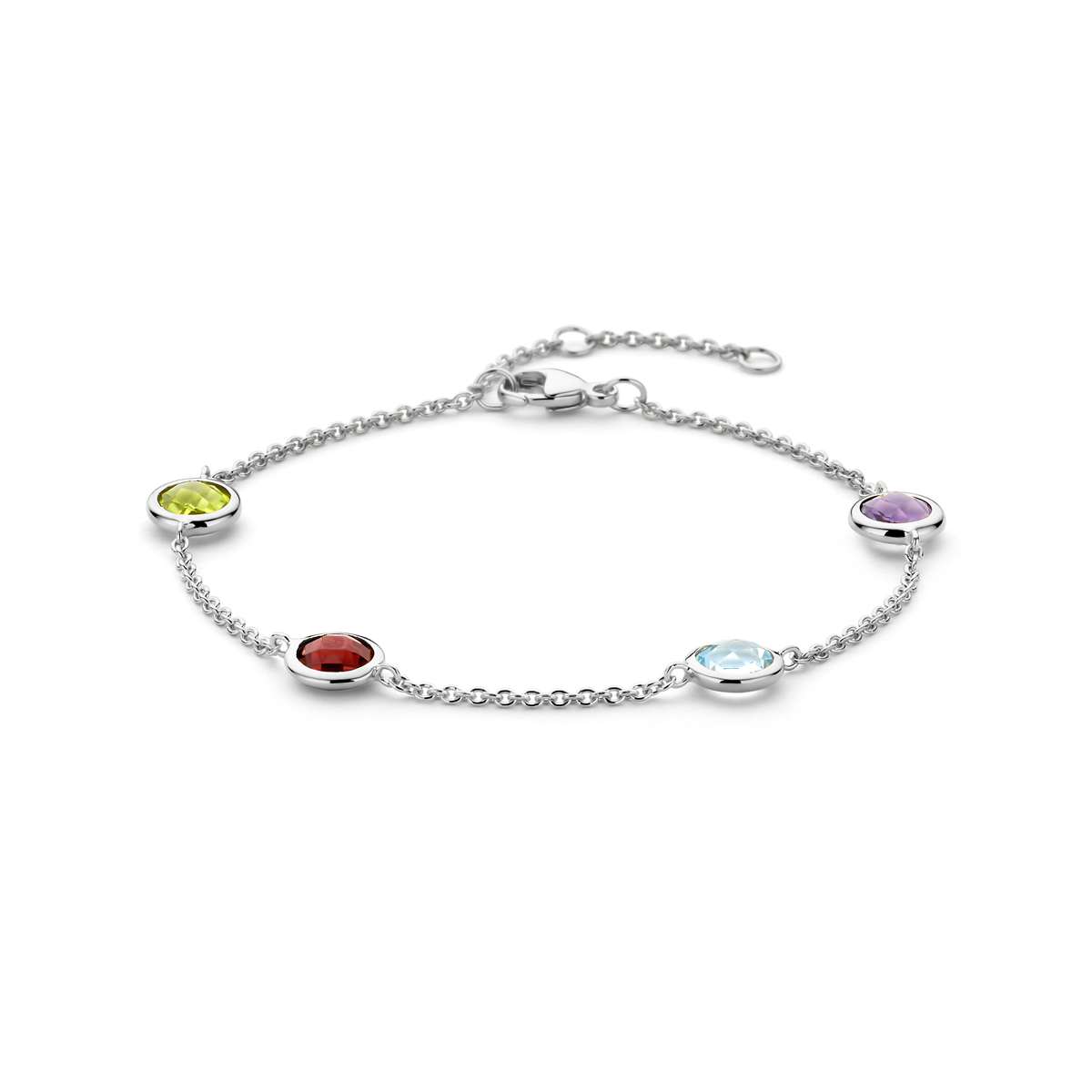 Gerhodineerd 925 zilveren armband uitgevoerd met amethist, blauw topaas, granaat en peridot. De armband heeft draaglengtes van 17-18.5-20cm. Uitgevoerd met karabijnsluiting.