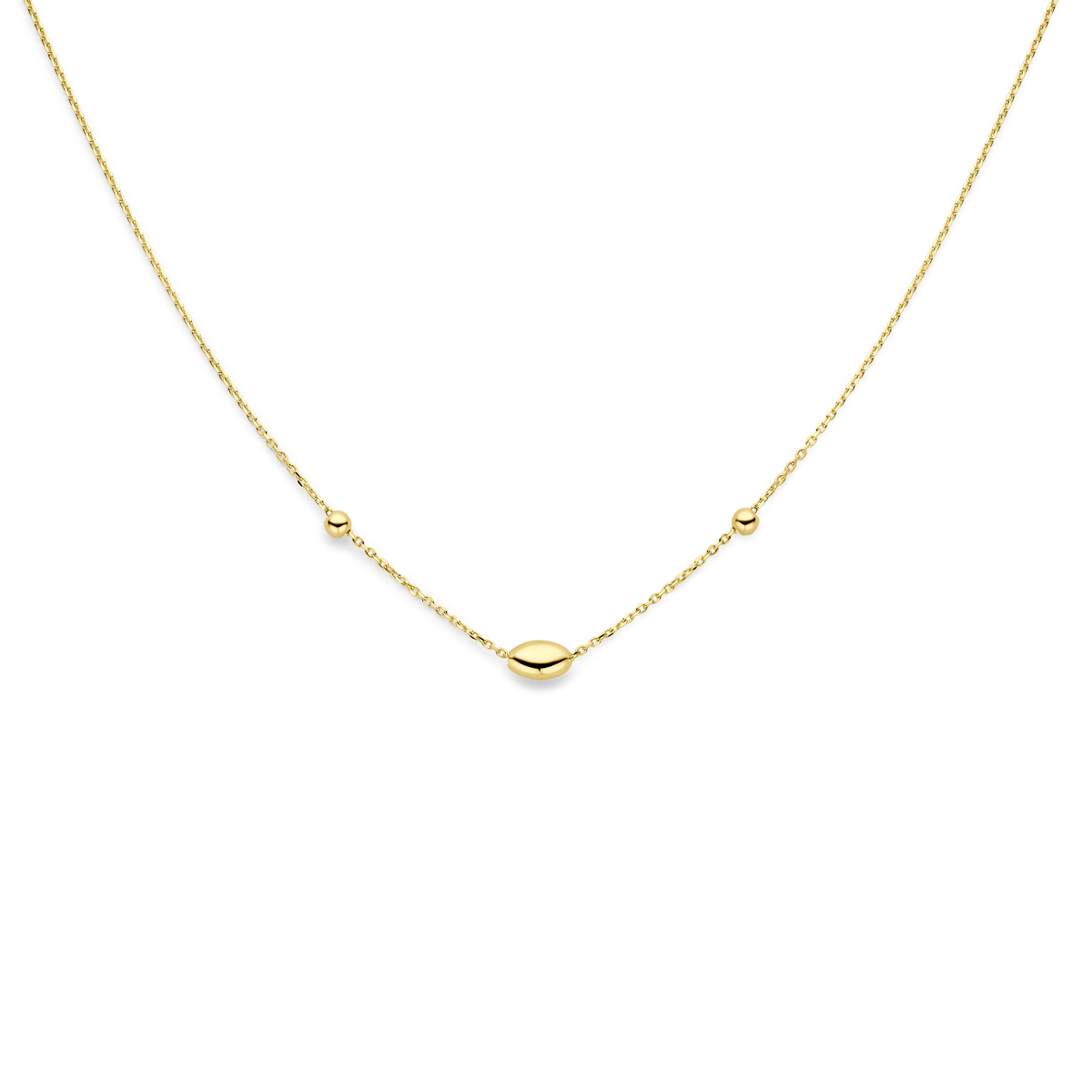 14k Geelgouden collier uitgevoerd met ovaaltje en bolletjes. Het collier heeft draaglengtes van 41, 43 en 45cm.