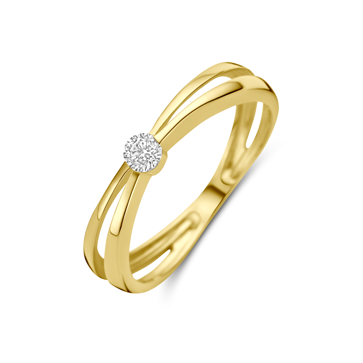 14k Geelgouden ring uitgevoerd met zirkonia. De ring heeft een breedte van 4mm.