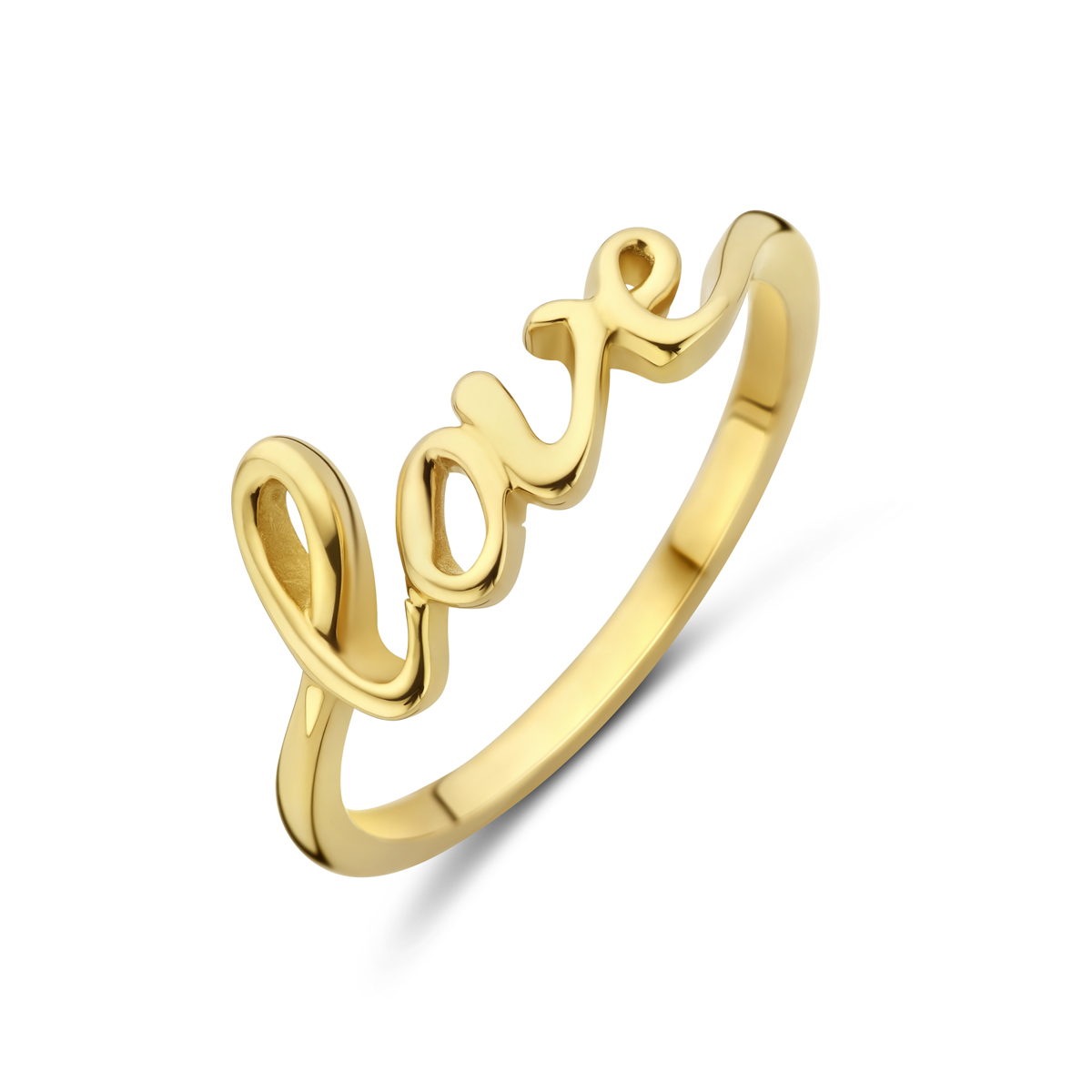 14k Geelgouden ring uitgevoerd met de tekst love. De ring heeft een breedte van 7.5mm.