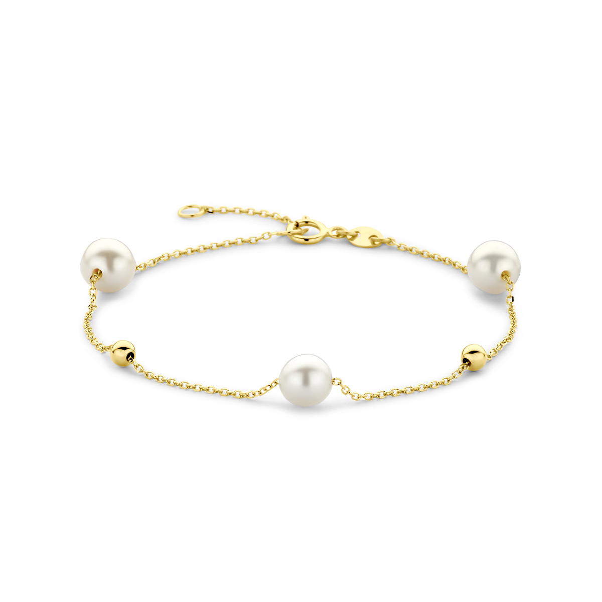 14k Geelgouden armband uitgevoerd met bolletjes en parels. De armband heeft draaglengtes van 16.5-18.5cm.