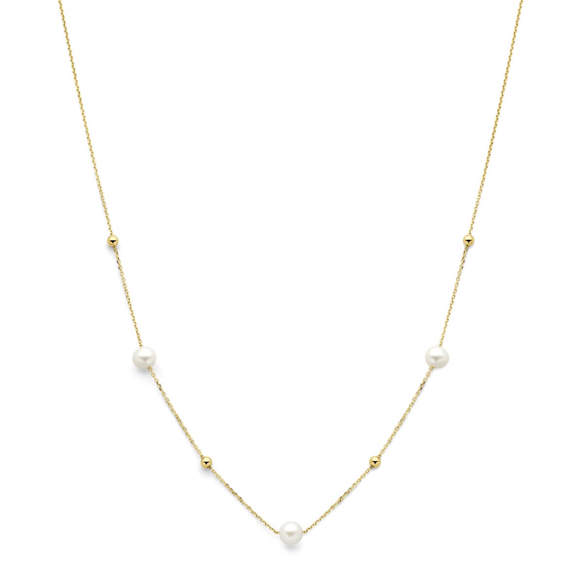 14k Geelgouden collier uitgevoerd met bolletjes en zoetwaterparels. Het collier heeft draaglengtes van 42-45cm.