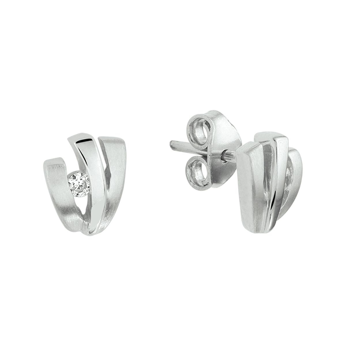 Gerhodineerd zilveren oorknoppen met een poli/matte afwerking en zirkonia. 
Doelgroep: dames
Breedte: 7 mm
Hoogte: 8.5 mm
Zetting: solitaire (span zetting)