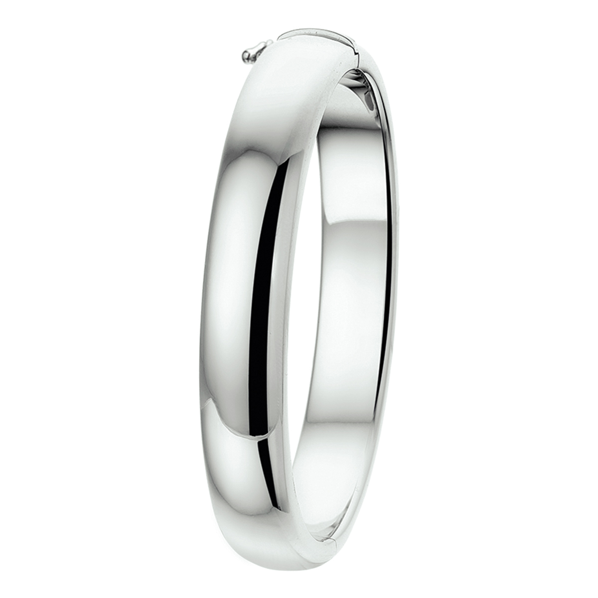 Gerhodineerd zilveren bangle met ovale buis en een scharnier-sluiting.