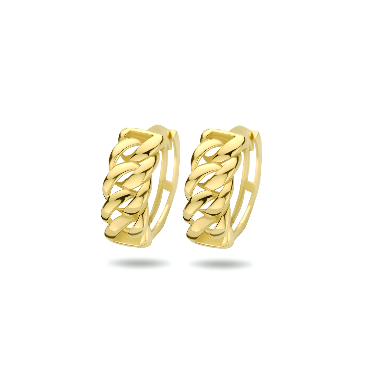 Beschrijving: Geelgouden oorknoppen met gourmet schakel. 
Doelgroep: dames
Breedte: 5 mm