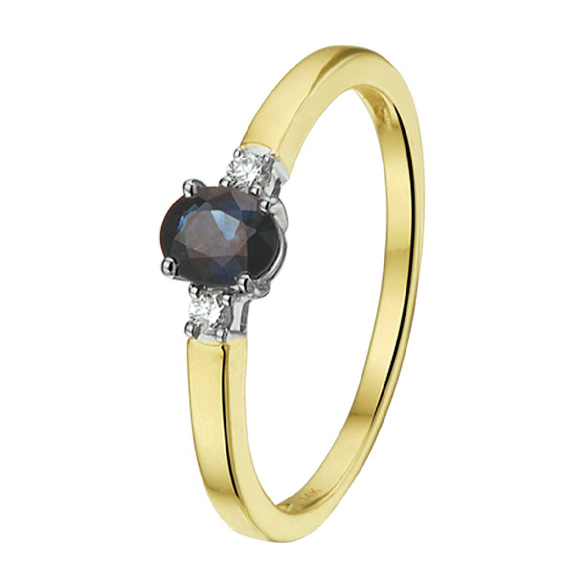 Bicolor geel en witgouden ring van 5mm breed uitgevoerd met een luxe solitaire saffier steen en een rijzetting van diamant 0.05ct. Tip: Leuk om kado te doen aan dierbare of je geliefde. Diamonds are girls best friend!.