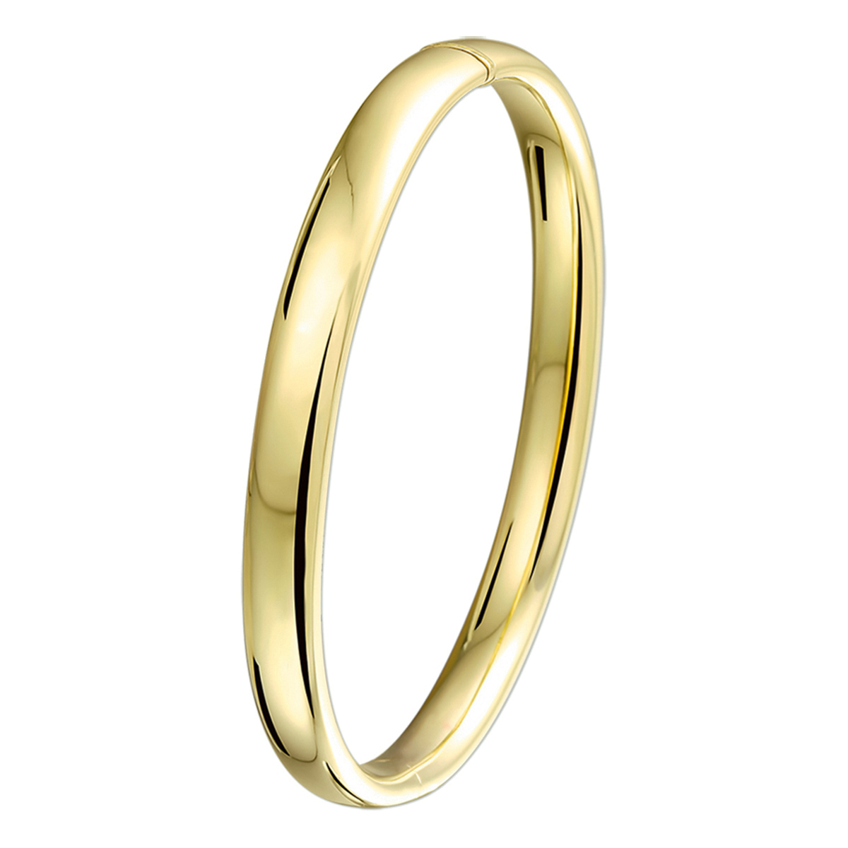 14-karaats geelgouden bangle met zilverkern. De bangle is uitgevoerd met  een ovalen buis en een scharnier.
Breedte: 7 mm. Diameter: 61 mm.