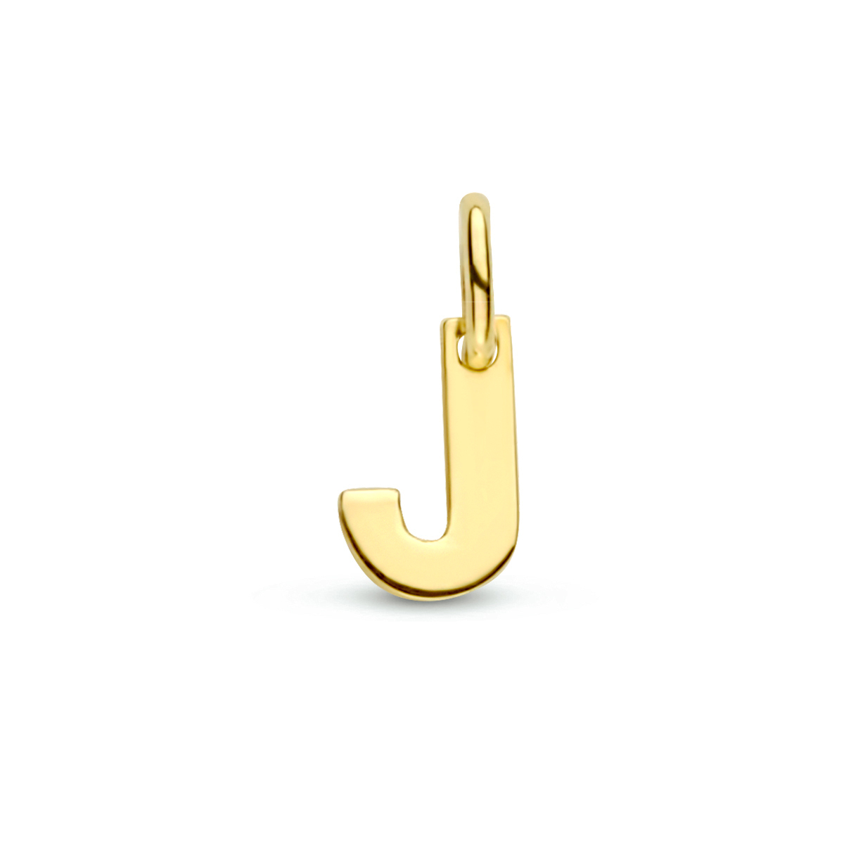 14k Geelgouden hanger uitgevoerd in de letter J. De hanger heeft een totale hoogte van 1cm en een breedte van 4mm.
