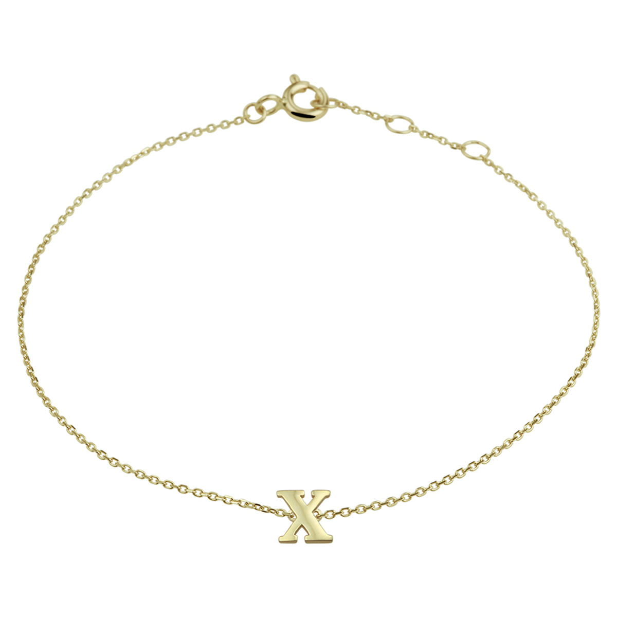 14k Geelgouden anker armband uitgevoerd met de letter X. De armband heeft draaglengtes van 16.5, 17.5 en 18.5cm. De letter heeft een afmeting van 6x5.5mm.