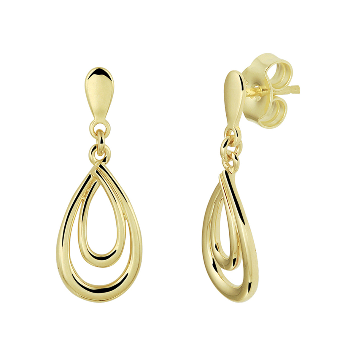 14k Geelgouden oorhangers uitgevoerd met druppelvormige hangers. De oorhangers hebben een totale hoogte van 2cm. De hanger heeft een afmeting van 15.2x8mm.