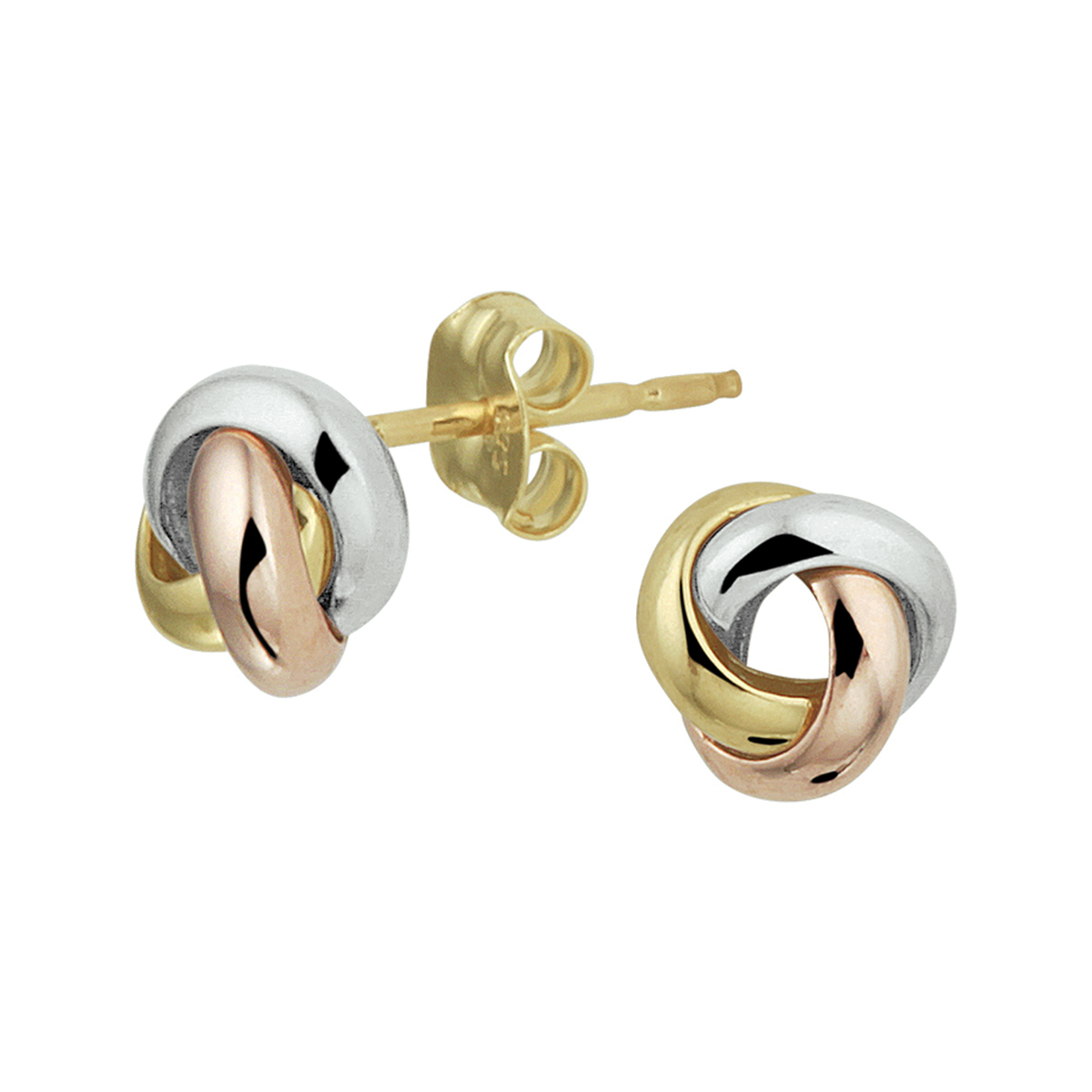 Tricolor geel- rose- en witgouden oorknoppen met een doorsnede van 6mm in de vorm van een knoop. De oorknoppen zijn te combineren met bijpassende sieraden uit onze collectie.