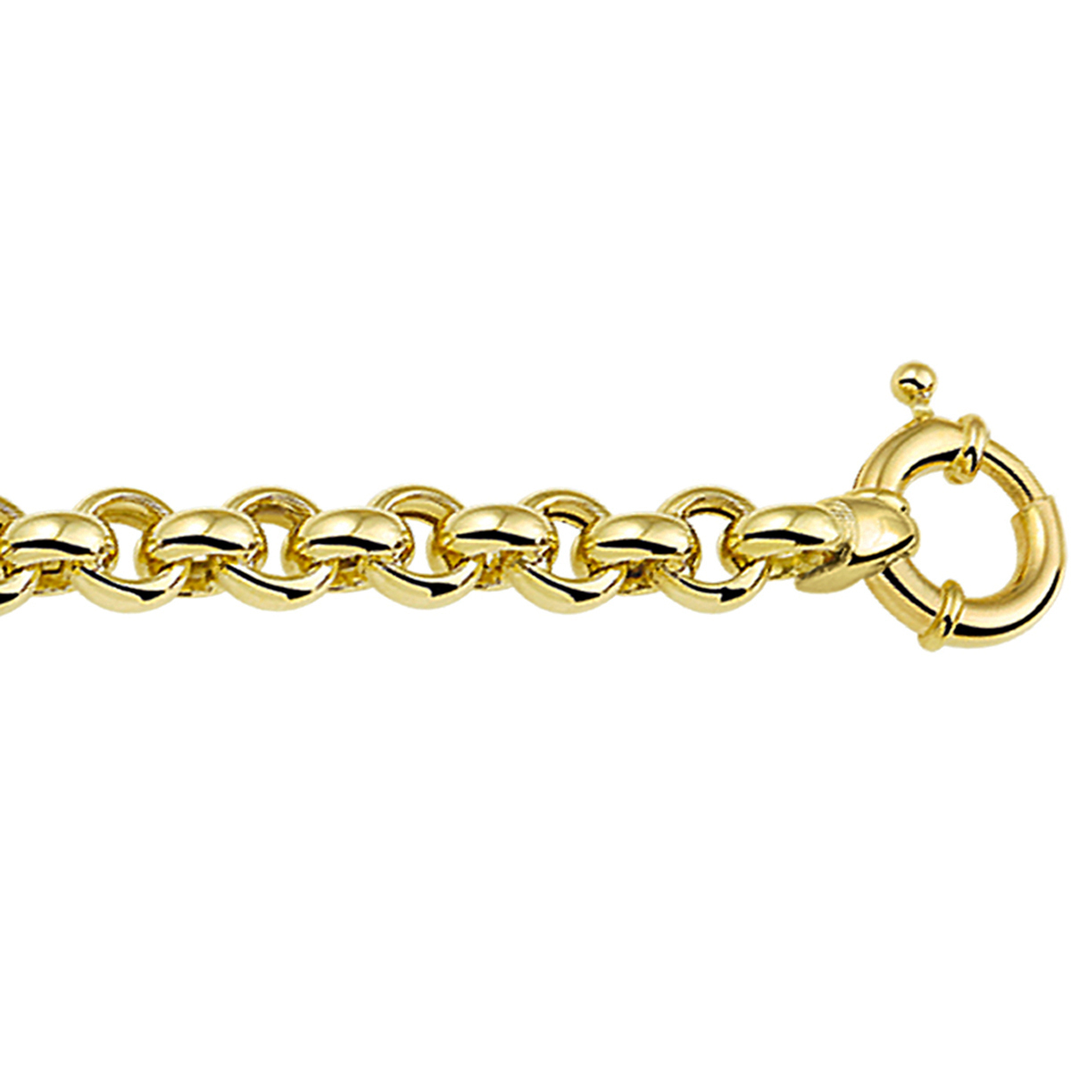 Sieraden van 14 karaat goud met daarin een kern van 925 zilver. Geelgouden armband met jasseron schakel. 
Uniekenummer serie: 32482
Doelgroep: dames
Breedte: 7 mm
Langste lengte: 19.5 cm