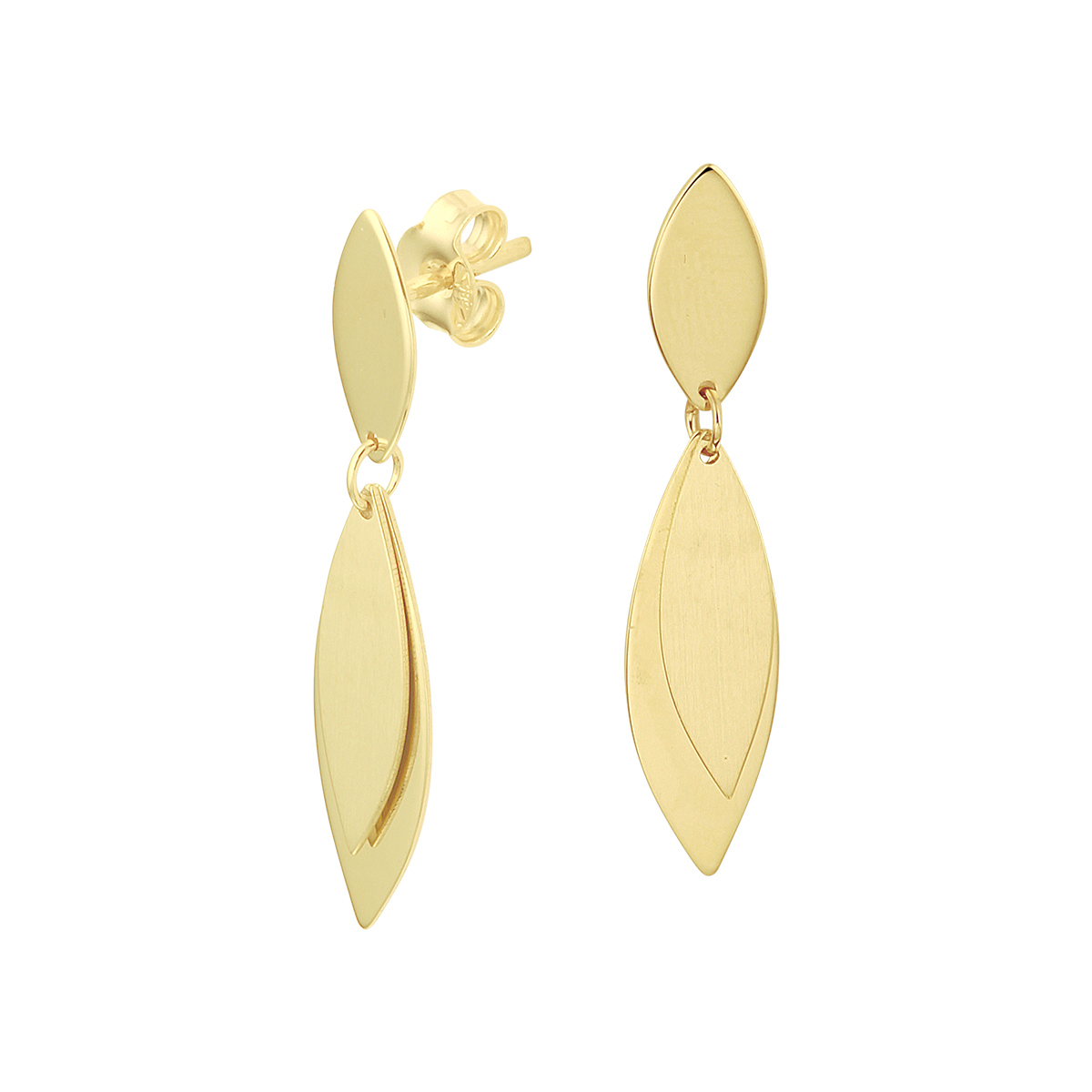 14k Geelgouden oorhangers met een totale hoogte van 3cm en een poli/matte afwerking. De hanger heeft een afmeting van 19x6.5mm.