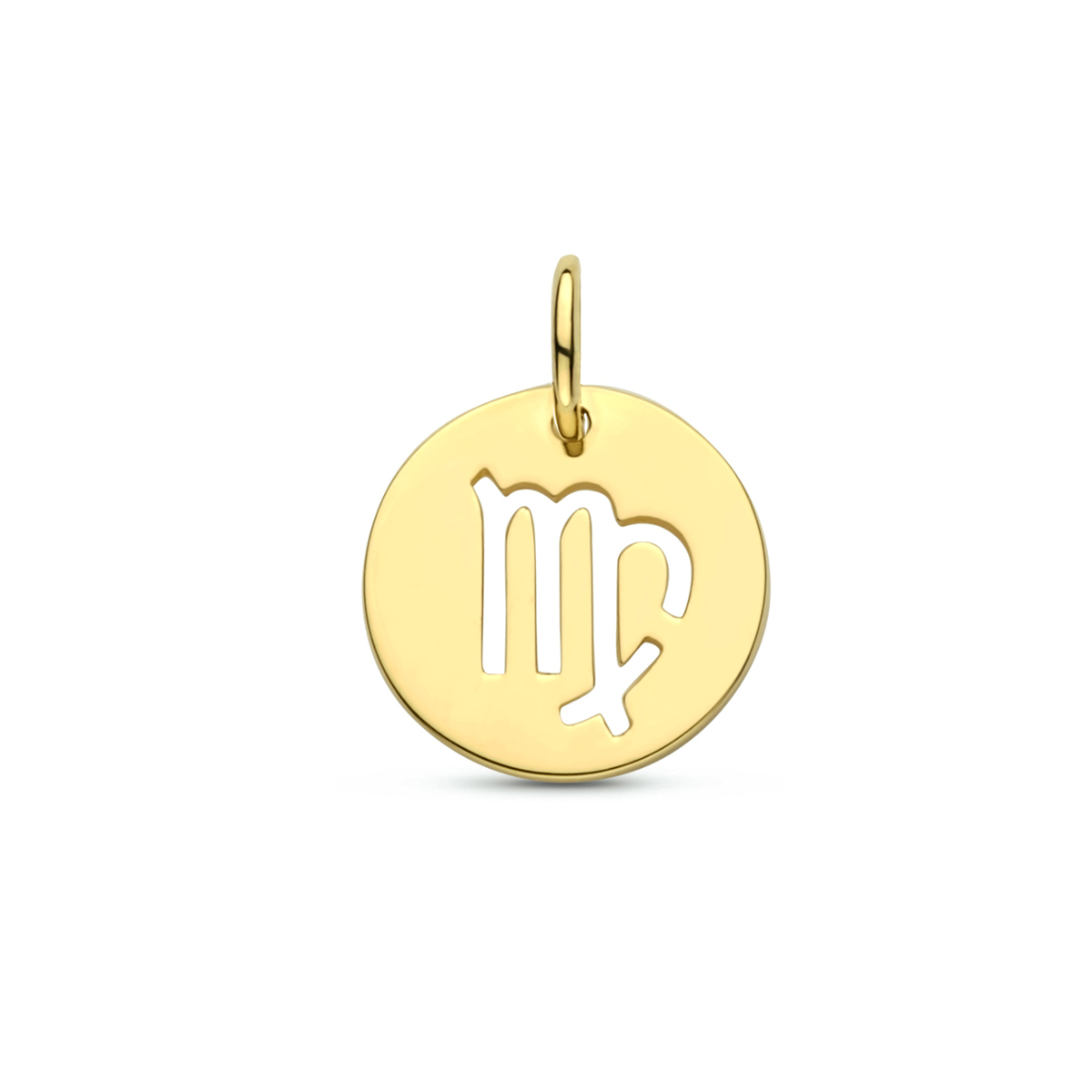 14k Geelgouden hanger uitgevoerd met het sterrenbeeld maagd. De hanger heeft een totale hoogte van 1.3cm en een diameter van 10mm.