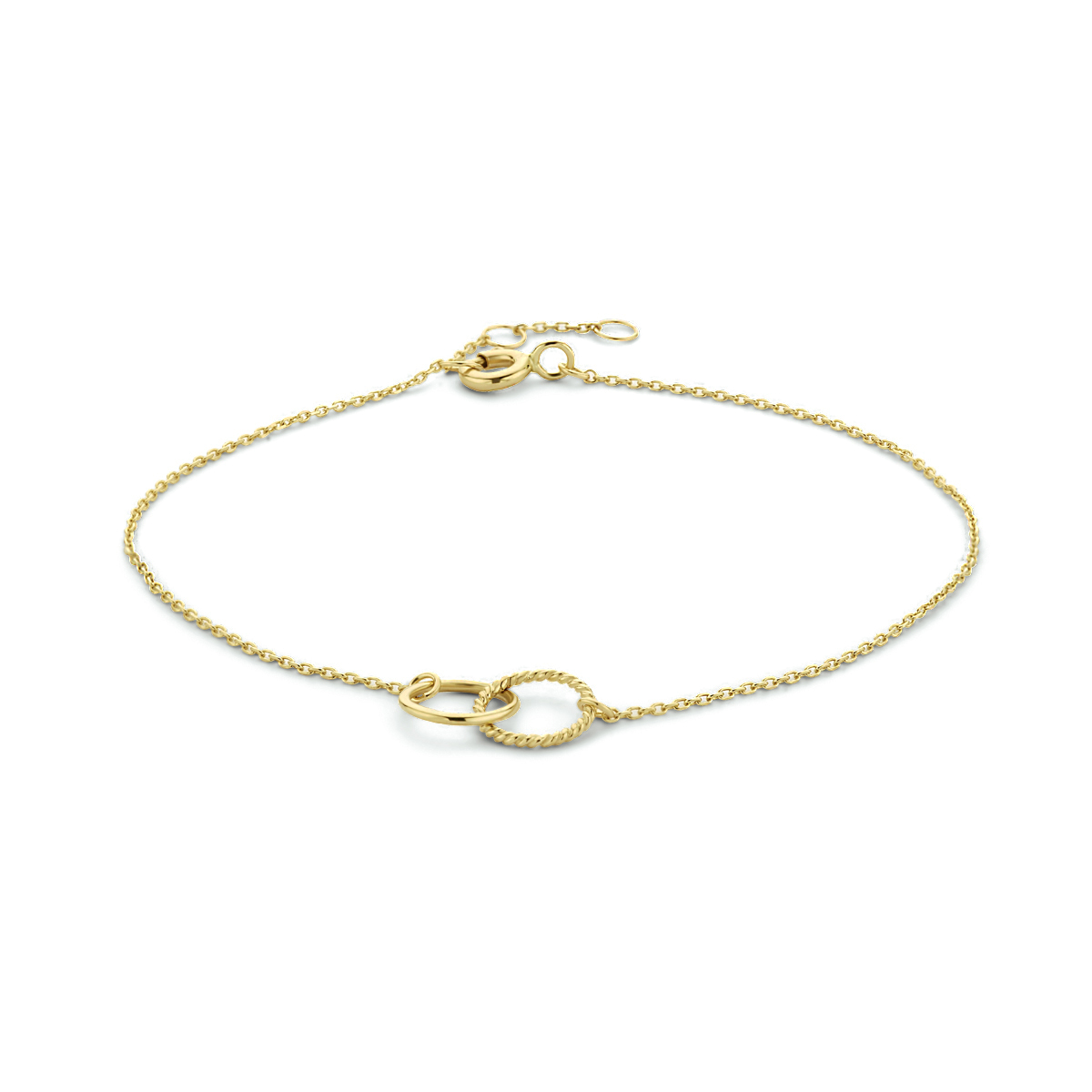 14k Geelgouden armband uitgevoerd met twee rondjes met een diameter van 7.5 mm. De armband heeft draaglengtes van 16.5, 17.5 en 18.5cm.