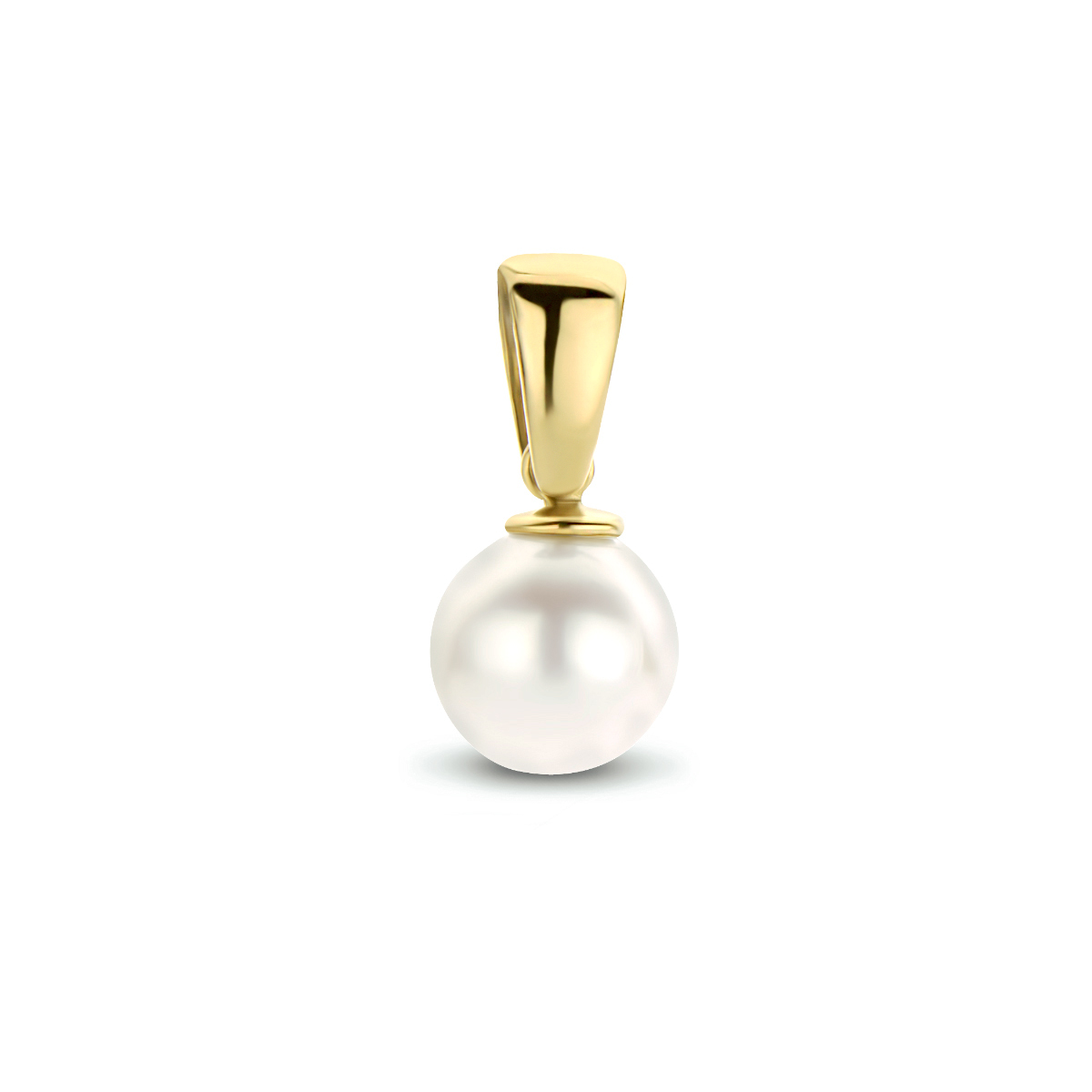 14k Geelgouden hanger uitgevoerd met een schitterende parel. De hanger heeft een totale hoogte van 1cm en een breedte van 6mm.